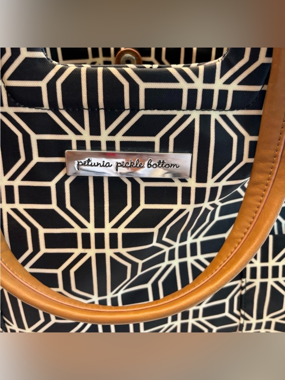 Petunia Pickle Bottom Black and White Geometric Tote with Brown Handles - Picture 2 of 5
